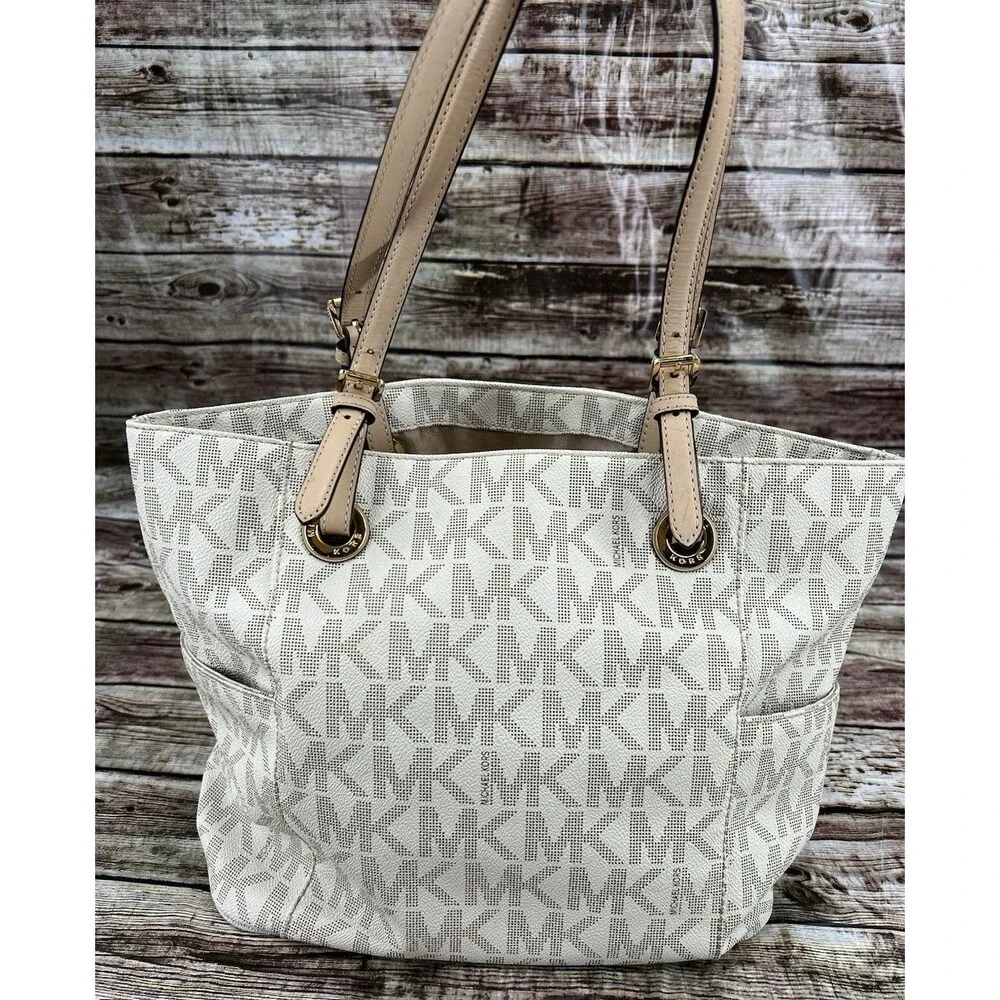 Michael Kors Large Jet Set Monogram Tote Cream & Tan Canvas Leather Shoulder Bag